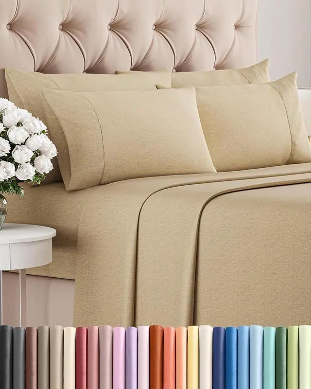 Main image of Queen 6 Piece Sheet Set - Comfy Breathable & Cooling - Soft Hotel Luxury Bedding Set with 8-16 Inch Deep Pockets - 1 Flat & 1 Fitted Sheet & 4 Pillowcases - Wrinkle Free & Easy Care - Heathered Tan