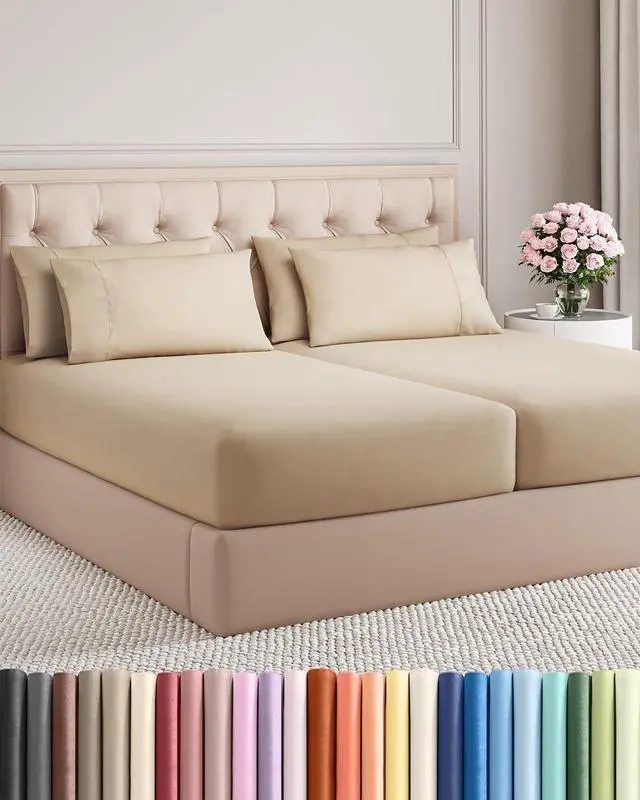 Main image of Split King 7 Piece Sheet Set - Comfy Breathable & Cooling - Ultra-Soft Hotel Luxury Bedding Set w/ 8-16 Inch Deep Pockets - 1 Flat & 2 Fitted Sheet & 4 Pillowcases - Wrinkle Free & Easy Care - Cream