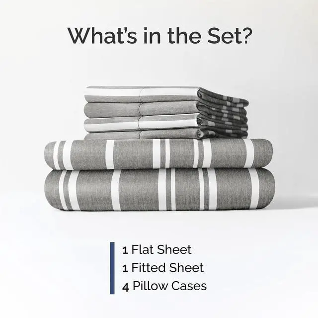 Alt view image 2 of 7 - Queen 6 Piece Sheet Set - Comfy Breathable & Cooling - Soft Hotel Luxury Bedding Set with 8-16 Inch Deep Pockets - 1 Flat & 1 Fitted Sheet & 4 Pillowcases - Wrinkle Free & Easy Care - Grey Stripes 3