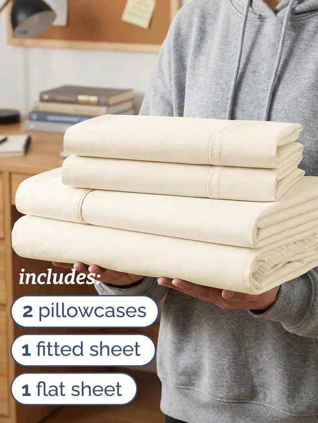 Alt view image 3 of 7 - Twin XL 4 Piece Sheet Set - Comfy Breathable & Cooling - Ultra-Soft Hotel Luxury Bedding Set w/ 8-16 Inch Deep Pockets - 1 Flat & 1 Fitted Sheet & 2 Pillowcases - Wrinkle Free & Easy Care - Off White