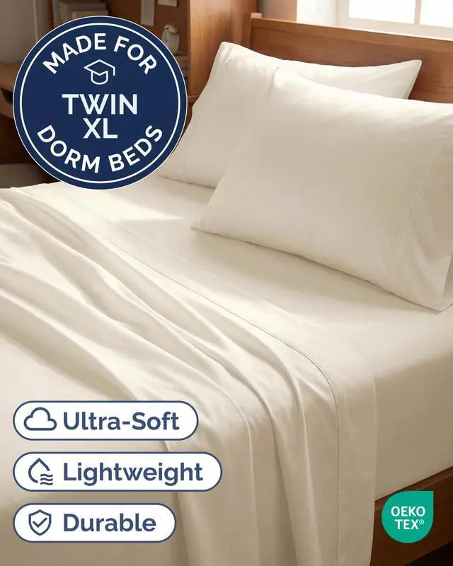 Alt view image 2 of 7 - Twin XL 4 Piece Sheet Set - Comfy Breathable & Cooling - Ultra-Soft Hotel Luxury Bedding Set w/ 8-16 Inch Deep Pockets - 1 Flat & 1 Fitted Sheet & 2 Pillowcases - Wrinkle Free & Easy Care - Off White