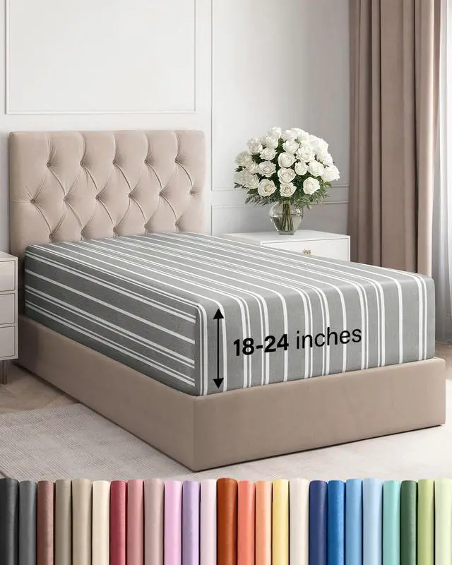 Main image of Extra Deep Twin XL Fitted Sheet - College Dorm Bed Single Fitted Sheet Only w/Extra Deep Pockets - Ultra-Soft & Breathable - Easily Fits 18 to 24 inch Mattress - Wrinkle & Fade Free - Grey Stripes 3