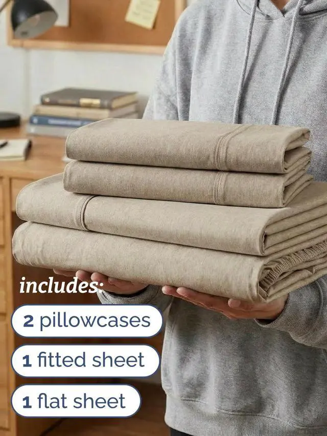 Alt view image 3 of 7 - Twin XL 4 Piece Sheet Set - Comfy Breathable & Cooling - Soft Hotel Luxury Bedding Set w/ 8-16 Inch Deep Pockets - 1 Flat & 1 Fitted Sheet & 2 Pillowcases - Wrinkle Free & Easy Care - Heathered Beige