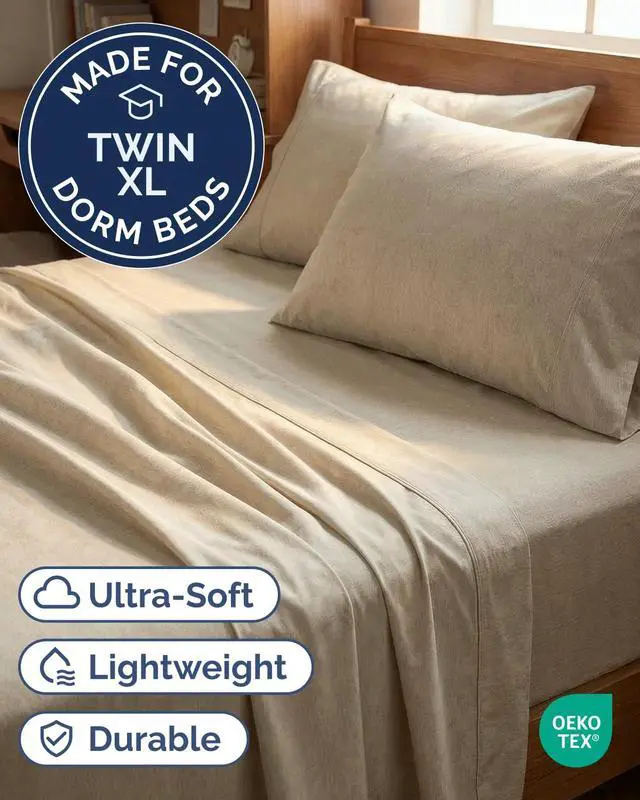 Alt view image 2 of 7 - Twin XL 4 Piece Sheet Set - Comfy Breathable & Cooling - Soft Hotel Luxury Bedding Set w/ 8-16 Inch Deep Pockets - 1 Flat & 1 Fitted Sheet & 2 Pillowcases - Wrinkle Free & Easy Care - Heathered Beige