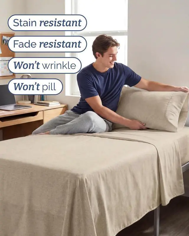 Alt view image 5 of 7 - Twin XL 4 Piece Sheet Set - Comfy Breathable & Cooling - Soft Hotel Luxury Bedding Set w/ 8-16 Inch Deep Pockets - 1 Flat & 1 Fitted Sheet & 2 Pillowcases - Wrinkle Free & Easy Care - Heathered Beige