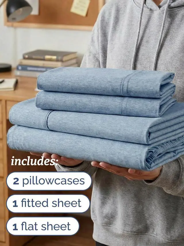 Alt view image 3 of 7 - Twin XL 4 Piece Sheet Set - Comfy Breathable & Cooling - Soft Hotel Luxury Bedding Set with 8-16 Inch Deep Pockets - 1 Flat & 1 Fitted Sheet & 2 Pillowcases - Wrinkle Free & Easy Care - Heathered Blue