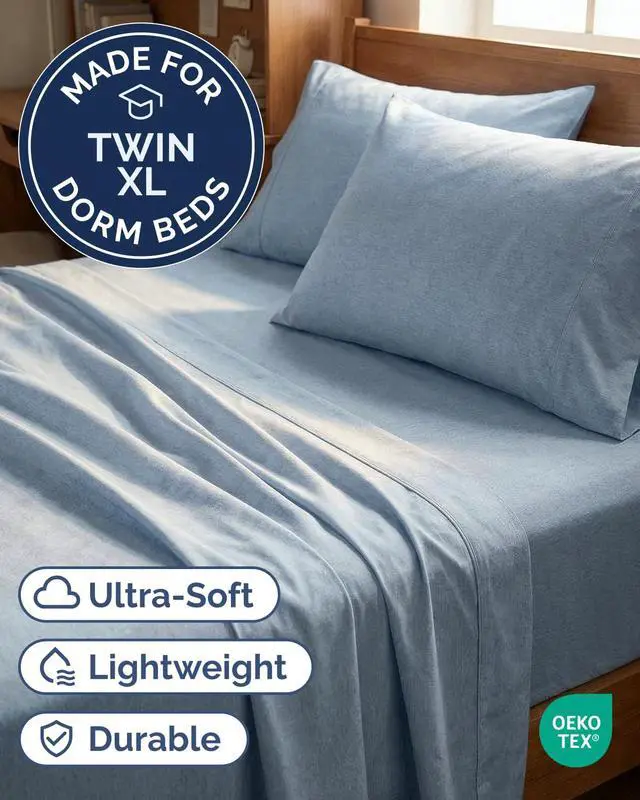 Alt view image 2 of 7 - Twin XL 4 Piece Sheet Set - Comfy Breathable & Cooling - Soft Hotel Luxury Bedding Set with 8-16 Inch Deep Pockets - 1 Flat & 1 Fitted Sheet & 2 Pillowcases - Wrinkle Free & Easy Care - Heathered Blue