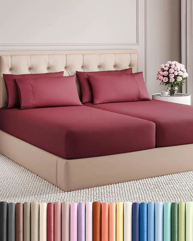 Main image of Split King 7 Piece Sheet Set - Comfy Breathable & Cooling - Soft Hotel Luxury Bedding Set with 8-16 Inch Deep Pockets - 1 Flat & 2 Fitted Sheet & 4 Pillowcases - Wrinkle Free & Easy Care - Burgundy