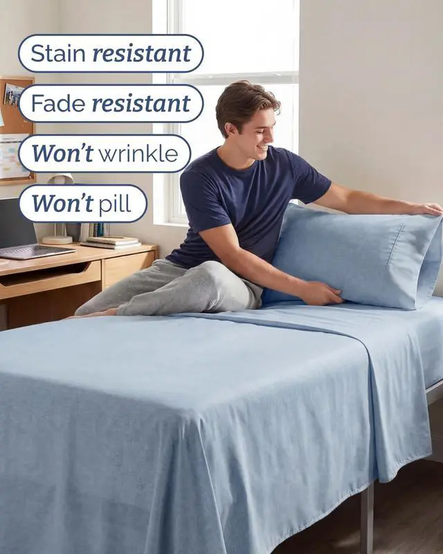 Alt view image 5 of 7 - Twin XL 4 Piece Sheet Set - Comfy Breathable & Cooling - Soft Hotel Luxury Bedding Set with 8-16 Inch Deep Pockets - 1 Flat & 1 Fitted Sheet & 2 Pillowcases - Wrinkle Free & Easy Care - Heathered Blue