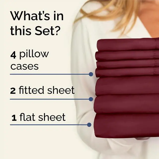 Alt view image 2 of 7 - Split King 7 Piece Sheet Set - Comfy Breathable & Cooling - Soft Hotel Luxury Bedding Set with 8-16 Inch Deep Pockets - 1 Flat & 2 Fitted Sheet & 4 Pillowcases - Wrinkle Free & Easy Care - Burgundy
