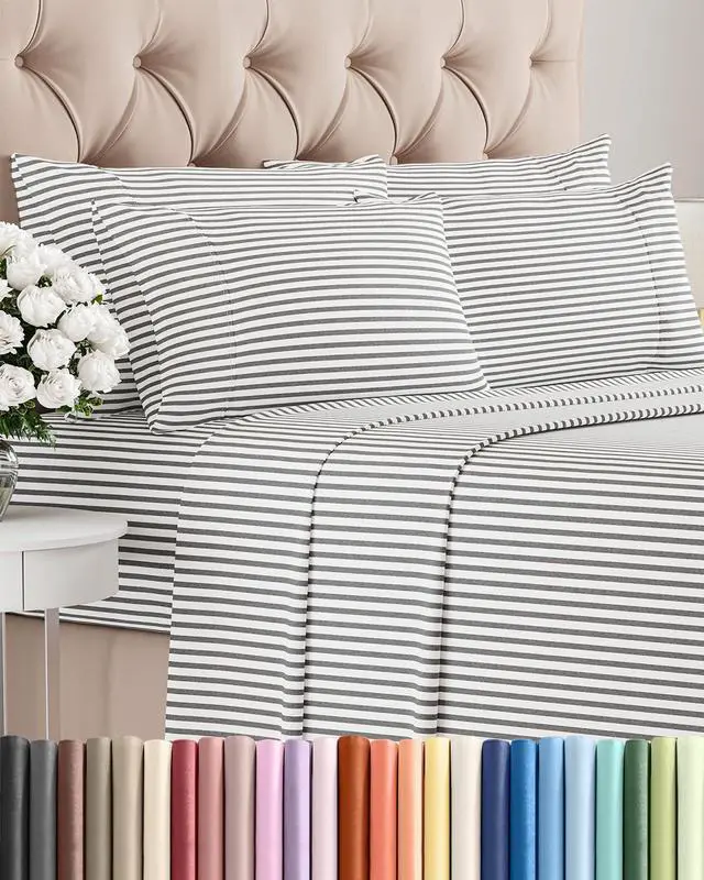 Main image of Full 6 Piece Sheet Set - Comfy Breathable & Cooling - Soft Hotel Luxury Bedding Set with 8-16 Inch Deep Pockets - 1 Flat & 1 Fitted Sheet & 4 Pillowcases - Wrinkle Free & Easy Care - Grey Stripes 2