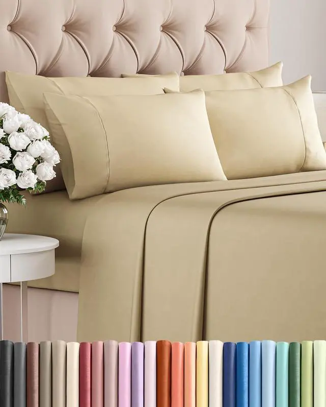 Main image of Queen 6 Piece Sheet Set - Comfy Breathable & Cooling - Ultra Soft Hotel Luxury Bedding Set w/ 8-16 Inch Deep Pockets - 1 Flat & 1 Fitted Sheet & 4 Pillowcases - Cozy, Wrinkle Free & Easy Care - Beige