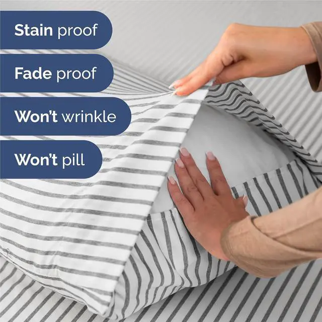 Alt view image 5 of 7 - Full 6 Piece Sheet Set - Comfy Breathable & Cooling - Soft Hotel Luxury Bedding Set with 8-16 Inch Deep Pockets - 1 Flat & 1 Fitted Sheet & 4 Pillowcases - Wrinkle Free & Easy Care - Grey Stripes 2