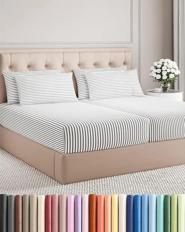 Main image of Split King 7 Piece Sheet Set - Comfy Breathable & Cooling - Soft Hotel Luxury Bedding Set w/ 8-16 Inch Deep Pockets - 1 Flat & 2 Fitted Sheet & 4 Pillowcases - Cozy and Wrinkle Free - Grey Stripes 2