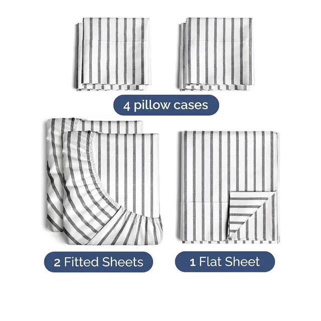 Alt view image 2 of 7 - Split King 7 Piece Sheet Set - Comfy Breathable & Cooling - Soft Hotel Luxury Bedding Set w/ 8-16 Inch Deep Pockets - 1 Flat & 2 Fitted Sheet & 4 Pillowcases - Cozy and Wrinkle Free - Grey Stripes 2