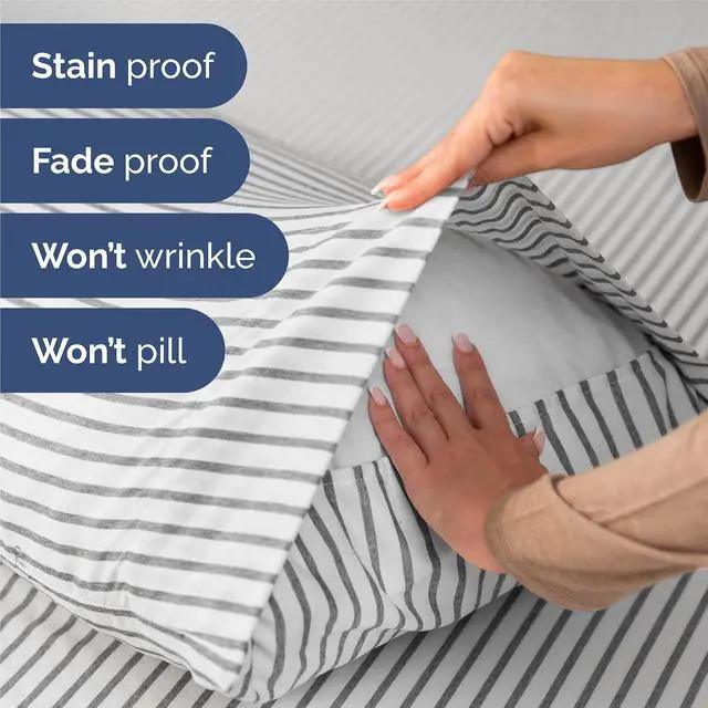 Alt view image 5 of 7 - Split King 7 Piece Sheet Set - Comfy Breathable & Cooling - Soft Hotel Luxury Bedding Set w/ 8-16 Inch Deep Pockets - 1 Flat & 2 Fitted Sheet & 4 Pillowcases - Cozy and Wrinkle Free - Grey Stripes 2