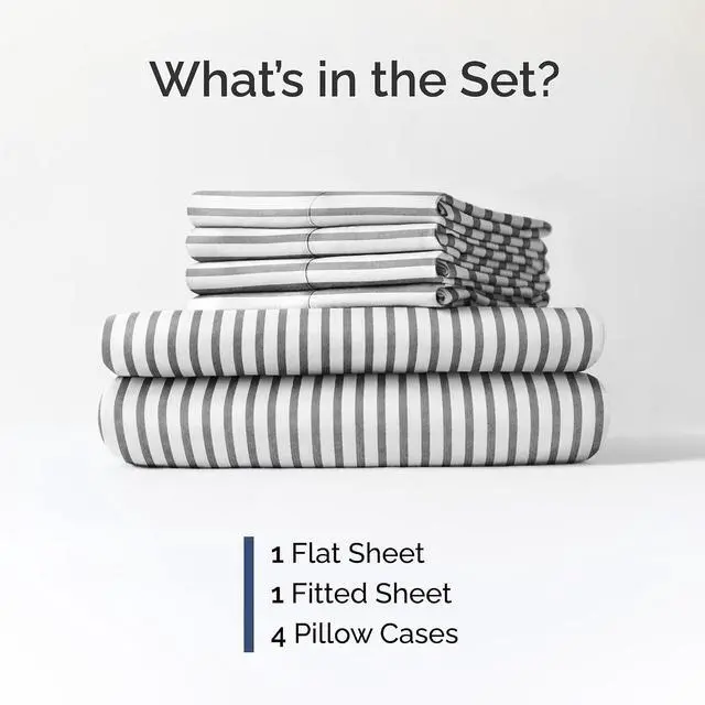 Alt view image 2 of 7 - Cal King 6 Piece Sheet Set - Comfy Breathable & Cooling - Soft Hotel Luxury Bedding Set w/ 8-16 Inch Deep Pockets - 1 Flat & 1 Fitted Sheet & 4 Pillowcases - Wrinkle Free & Easy Care - Grey Stripes 2