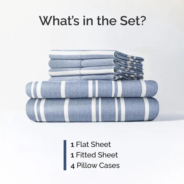 Alt view image 2 of 7 - Queen 6 Piece Sheet Set - Comfy Breathable & Cooling - Soft Hotel Luxury Bedding Set with 8-16 Inch Deep Pockets - 1 Flat & 1 Fitted Sheet & 4 Pillowcases - Wrinkle Free & Easy Care - Blue Stripes 3