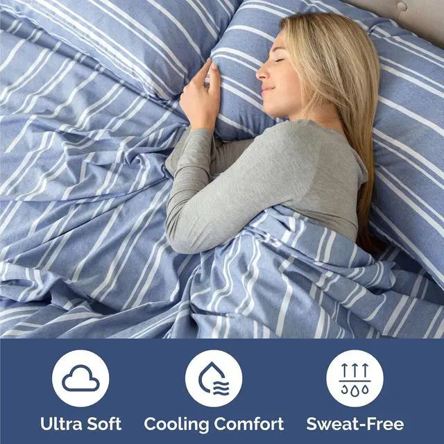 Alt view image 4 of 7 - Queen 6 Piece Sheet Set - Comfy Breathable & Cooling - Soft Hotel Luxury Bedding Set with 8-16 Inch Deep Pockets - 1 Flat & 1 Fitted Sheet & 4 Pillowcases - Wrinkle Free & Easy Care - Blue Stripes 3