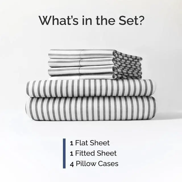 Alt view image 2 of 7 - Queen 6 Piece Sheet Set - Comfy Breathable & Cooling - Soft Hotel Luxury Bedding Set with 8-16 Inch Deep Pockets - 1 Flat & 1 Fitted Sheet & 4 Pillowcases - Wrinkle Free & Easy Care - Grey Stripes 2