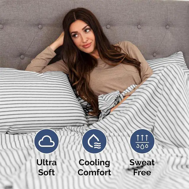 Alt view image 4 of 7 - Queen 6 Piece Sheet Set - Comfy Breathable & Cooling - Soft Hotel Luxury Bedding Set with 8-16 Inch Deep Pockets - 1 Flat & 1 Fitted Sheet & 4 Pillowcases - Wrinkle Free & Easy Care - Grey Stripes 2