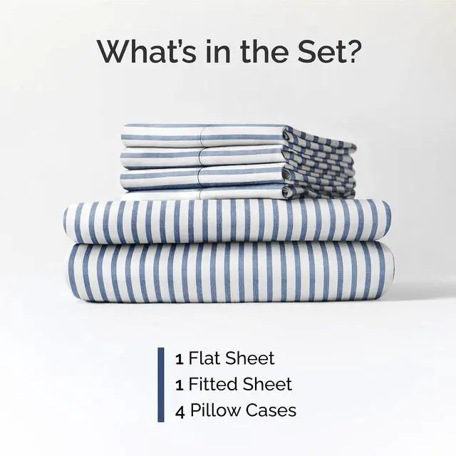 Alt view image 2 of 7 - Full 6 Piece Sheet Set - Comfy Breathable & Cooling - Soft Hotel Luxury Bedding Set with 8-16 Inch Deep Pockets - 1 Flat & 1 Fitted Sheet & 4 Pillowcases - Wrinkle Free & Easy Care - Blue Stripes 2