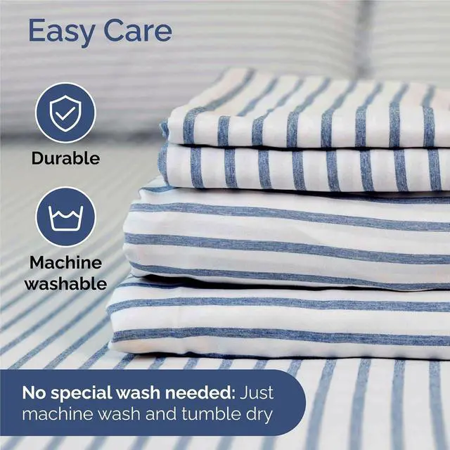 Alt view image 6 of 7 - Full 6 Piece Sheet Set - Comfy Breathable & Cooling - Soft Hotel Luxury Bedding Set with 8-16 Inch Deep Pockets - 1 Flat & 1 Fitted Sheet & 4 Pillowcases - Wrinkle Free & Easy Care - Blue Stripes 2