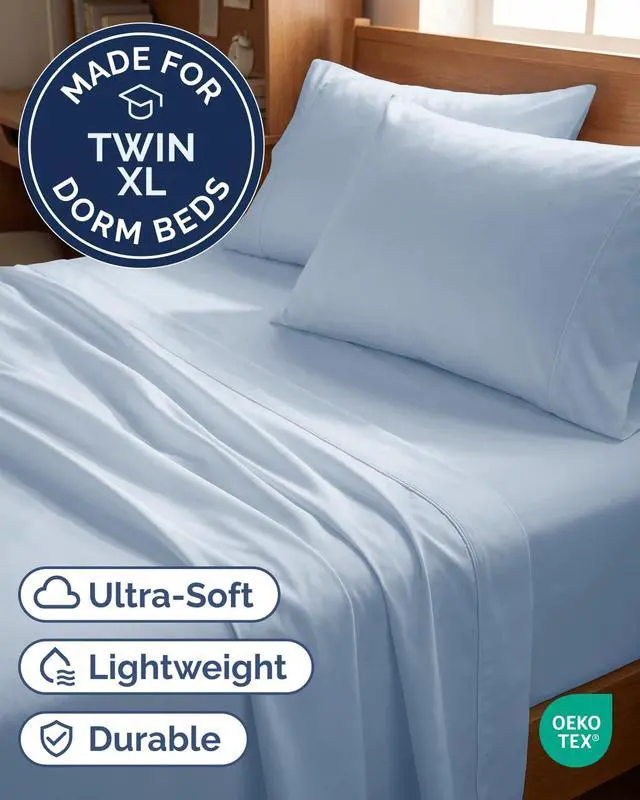 Alt view image 2 of 7 - Twin XL 4 Piece Sheet Set - Comfy Breathable & Cooling - Ultra-Soft Hotel Luxury Bedding Set w/ 8-16 Inch Deep Pockets - 1 Flat & 1 Fitted Sheet & 2 Pillowcases - Wrinkle Free & Easy Care - Sky Blue