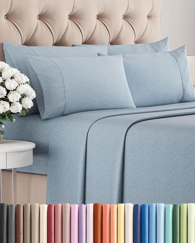 Main image of Full 6 Piece Sheet Set - Comfy Breathable & Cooling - Soft Hotel Luxury Bedding Set with 8-16 Inch Deep Pockets - 1 Flat & 1 Fitted Sheet & 4 Pillowcases - Wrinkle Free & Easy Care - Heathered Blue