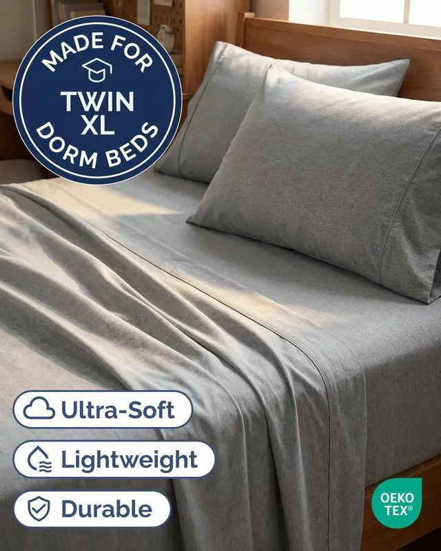 Alt view image 2 of 7 - Twin XL 4 Piece Sheet Set - Comfy Breathable & Cooling - Soft Hotel Luxury Bedding Set with 8-16 Inch Deep Pockets - 1 Flat & 1 Fitted Sheet & 2 Pillowcases - Wrinkle Free & Easy Care - Heathered Grey