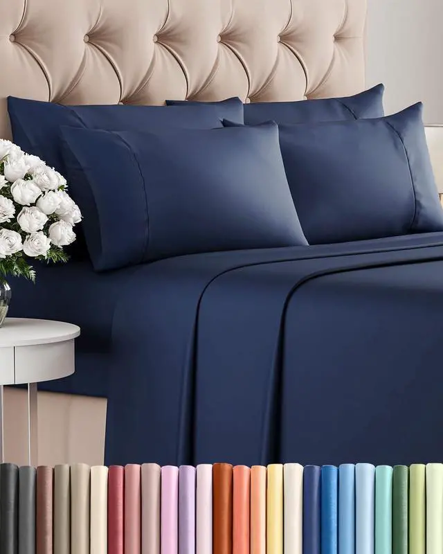 Main image of Queen 6 Piece Sheet Set - Comfy Breathable & Cooling - Ultra-Soft Hotel Luxury Bedding Set with 8-16 Inch Deep Pockets - 1 Flat & 1 Fitted Sheet & 4 Pillowcases - Wrinkle Free & Easy Care - Navy Blue