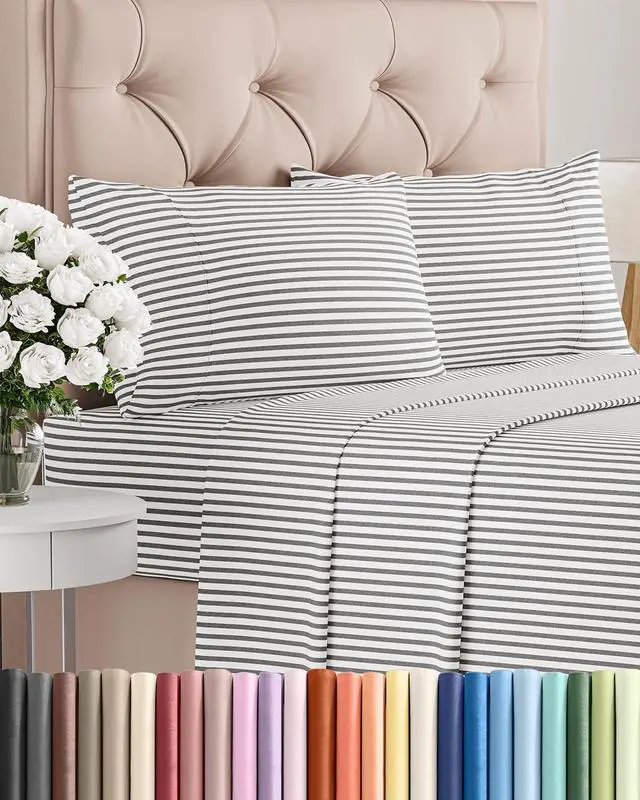 Main image of Twin 4 Piece Sheet Set - Comfy Breathable & Cooling - Soft Hotel Luxury Bedding Set with 8-16 Inch Deep Pockets - 1 Flat & 1 Fitted Sheet & 2 Pillowcases - Wrinkle Free & Easy Care - Grey Stripes 2