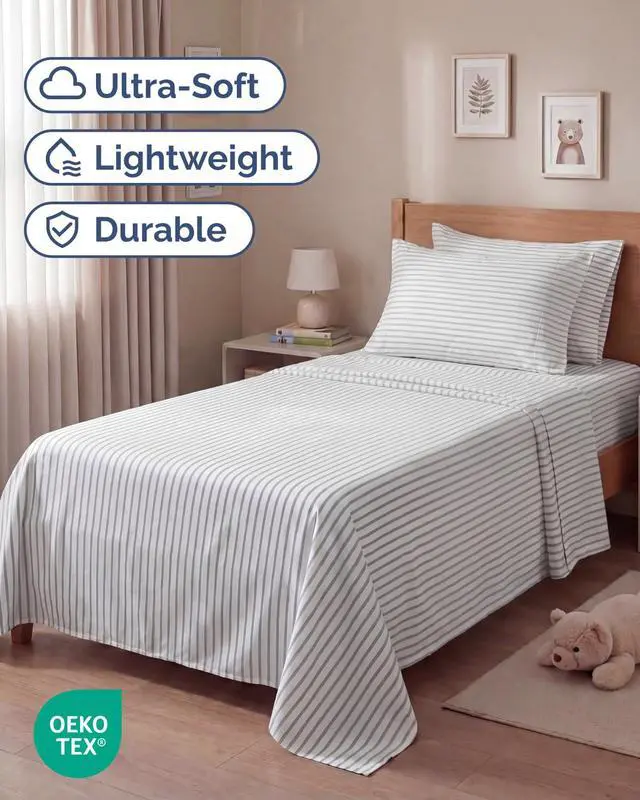 Alt view image 2 of 7 - Twin 4 Piece Sheet Set - Comfy Breathable & Cooling - Soft Hotel Luxury Bedding Set with 8-16 Inch Deep Pockets - 1 Flat & 1 Fitted Sheet & 2 Pillowcases - Wrinkle Free & Easy Care - Grey Stripes 2