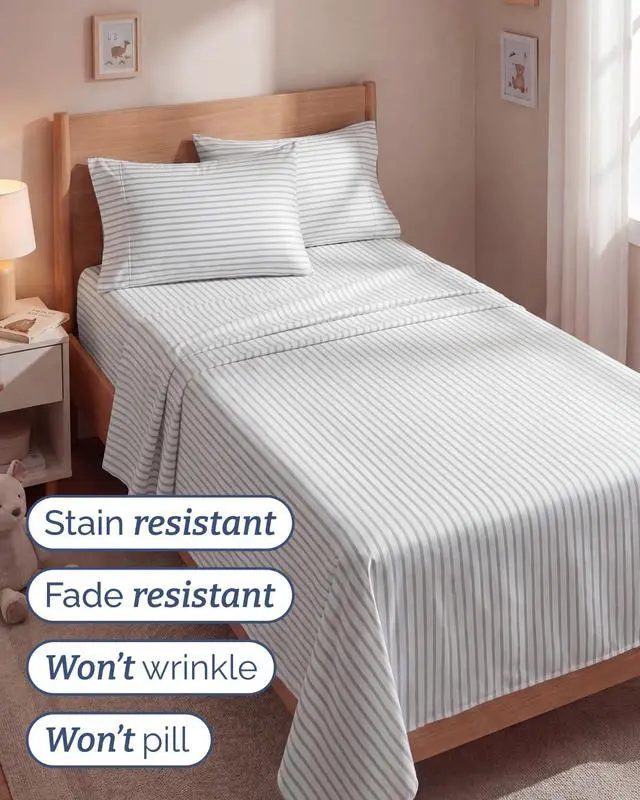 Alt view image 5 of 7 - Twin 4 Piece Sheet Set - Comfy Breathable & Cooling - Soft Hotel Luxury Bedding Set with 8-16 Inch Deep Pockets - 1 Flat & 1 Fitted Sheet & 2 Pillowcases - Wrinkle Free & Easy Care - Grey Stripes 2