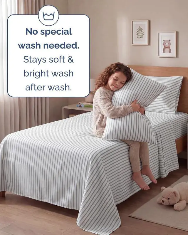 Alt view image 6 of 7 - Twin 4 Piece Sheet Set - Comfy Breathable & Cooling - Soft Hotel Luxury Bedding Set with 8-16 Inch Deep Pockets - 1 Flat & 1 Fitted Sheet & 2 Pillowcases - Wrinkle Free & Easy Care - Grey Stripes 2