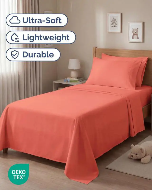 Alt view image 2 of 7 - Twin 4 Piece Sheet Set - Comfy Breathable & Cooling - Ultra Soft Hotel Luxury Bedding Set with 8-16 Inch Deep Pockets - 1 Flat & 1 Fitted Sheet & 2 Pillowcases - Cozy, Wrinkle Free & Easy Care - Coral