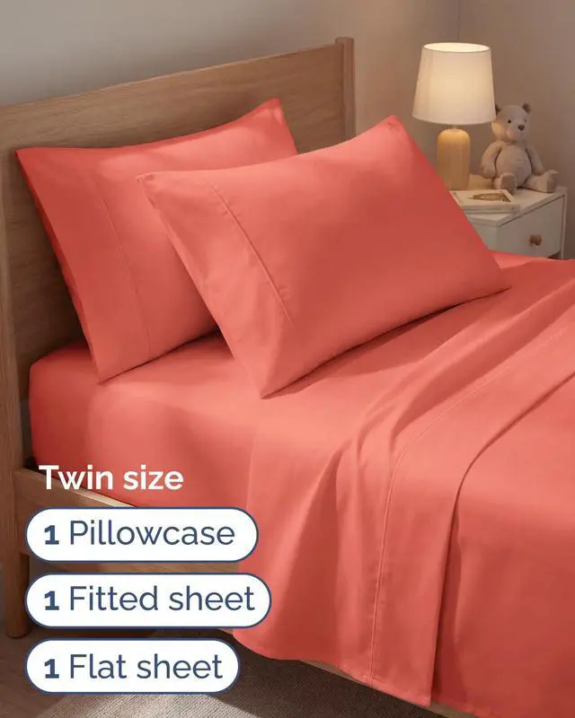 Alt view image 3 of 7 - Twin 4 Piece Sheet Set - Comfy Breathable & Cooling - Ultra Soft Hotel Luxury Bedding Set with 8-16 Inch Deep Pockets - 1 Flat & 1 Fitted Sheet & 2 Pillowcases - Cozy, Wrinkle Free & Easy Care - Coral