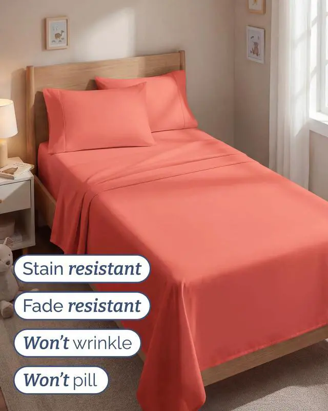 Alt view image 5 of 7 - Twin 4 Piece Sheet Set - Comfy Breathable & Cooling - Ultra Soft Hotel Luxury Bedding Set with 8-16 Inch Deep Pockets - 1 Flat & 1 Fitted Sheet & 2 Pillowcases - Cozy, Wrinkle Free & Easy Care - Coral