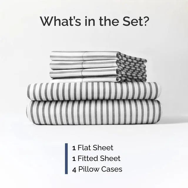 Alt view image 2 of 7 - Full 6 Piece Sheet Set - Comfy Breathable & Cooling - Soft Hotel Luxury Bedding Set with 8-16 Inch Deep Pockets - 1 Flat & 1 Fitted Sheet & 4 Pillowcases - Wrinkle Free & Easy Care - Grey Stripes 2