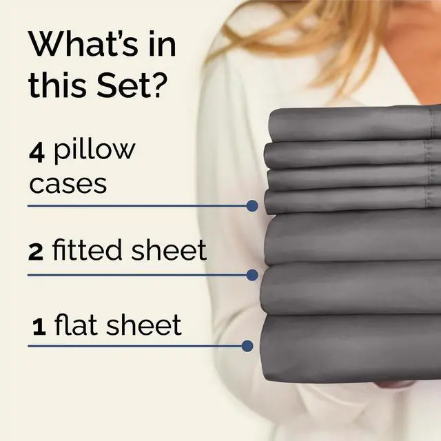 Alt view image 2 of 7 - Split King 7 Piece Sheet Set - Comfy Breathable & Cooling - Soft Hotel Luxury Bedding Set with 8-16 Inch Deep Pockets - 1 Flat & 2 Fitted Sheet & 4 Pillowcases - Wrinkle Free & Easy Care - Dark Grey