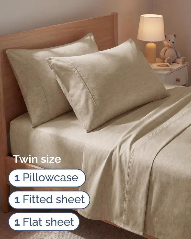 Alt view image 3 of 7 - Twin 4 Piece Sheet Set - Comfy Breathable & Cooling - Soft Hotel Luxury Bedding Set with 8-16 Inch Deep Pockets - 1 Flat & 1 Fitted Sheet & 2 Pillowcases - Wrinkle Free & Easy Care - Heathered Beige