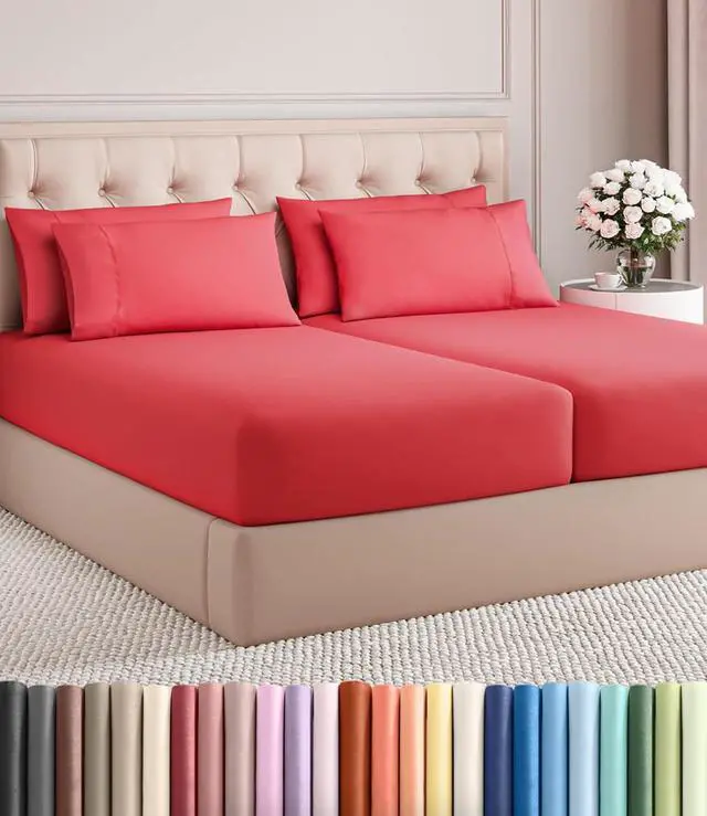 Main image of Split King 7 Piece Sheet Set - Comfy Breathable & Cooling - Ultra-Soft Hotel Luxury Bedding Set with 8-16 Inch Deep Pockets - 1 Flat & 2 Fitted Sheet & 4 Pillowcases - Wrinkle Free & Easy Care - Red