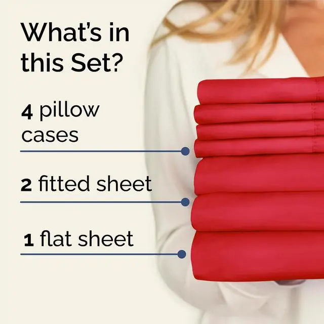 Alt view image 2 of 7 - Split King 7 Piece Sheet Set - Comfy Breathable & Cooling - Ultra-Soft Hotel Luxury Bedding Set with 8-16 Inch Deep Pockets - 1 Flat & 2 Fitted Sheet & 4 Pillowcases - Wrinkle Free & Easy Care - Red