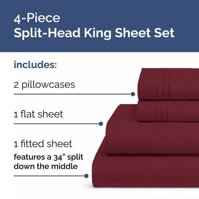 Alt view image 2 of 7 - Flex Top Split Head King 4 Piece Sheet Set - Soft, Breathable & Cooling Bed Sheets Set - Hotel Luxury Bedding for Women & Men with Deep Pockets - Wrinkle Free & Fade Resistant - Oeko-Tex - Burgundy