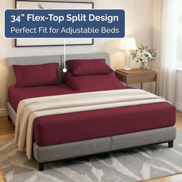 Alt view image 3 of 7 - Flex Top Split Head King 4 Piece Sheet Set - Soft, Breathable & Cooling Bed Sheets Set - Hotel Luxury Bedding for Women & Men with Deep Pockets - Wrinkle Free & Fade Resistant - Oeko-Tex - Burgundy