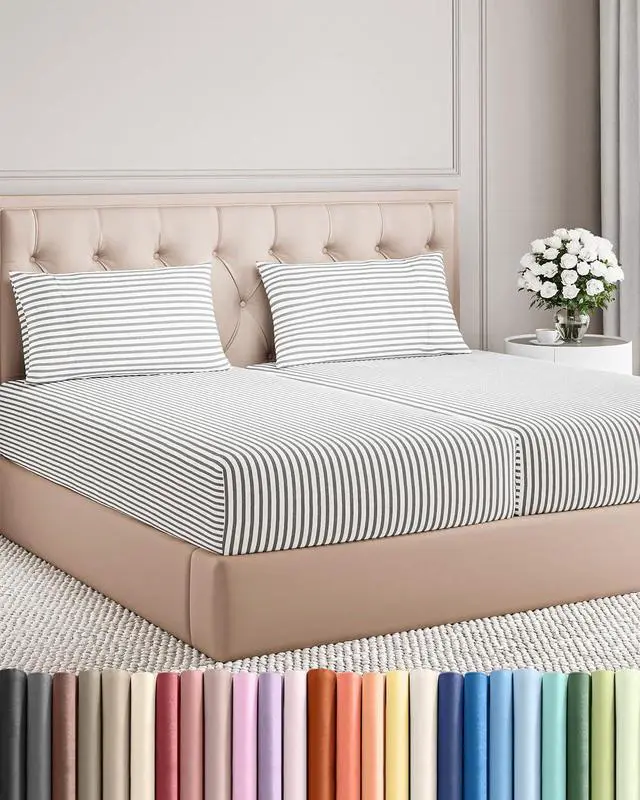 Main image of Split King Size 5 Piece Sheet Set - Comfy Breathable & Cooling Sheets - Hotel Luxury Bed Sheets for Women & Men - Deep Pockets, Easy-Fit, Soft & Wrinkle Free Sheets - Grey Stripes Oeko-Tex Bed Sheets