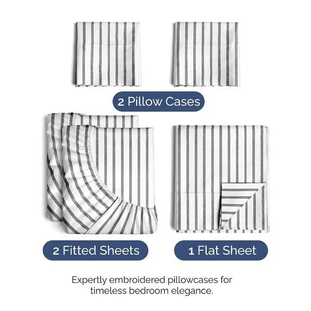 Alt view image 2 of 7 - Split King Size 5 Piece Sheet Set - Comfy Breathable & Cooling Sheets - Hotel Luxury Bed Sheets for Women & Men - Deep Pockets, Easy-Fit, Soft & Wrinkle Free Sheets - Grey Stripes Oeko-Tex Bed Sheets