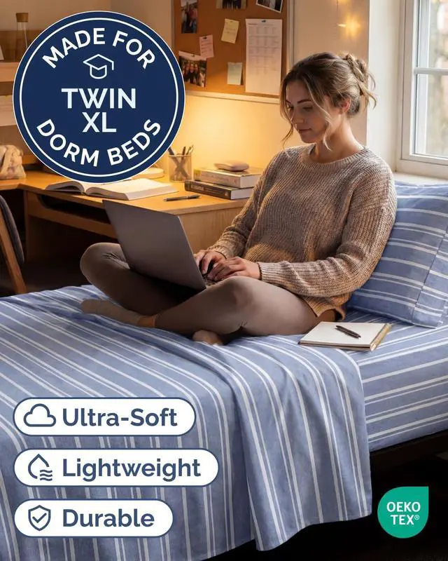 Alt view image 2 of 7 - Twin XL Size 3 Piece Sheet Set - Comfy Breathable & Cooling Sheets - Hotel Luxury Bed Sheets for Women & Men - Deep Pockets, Easy-Fit, Soft & Wrinkle Free Sheets - Blue Stripes Oeko-Tex Bed Sheet Set