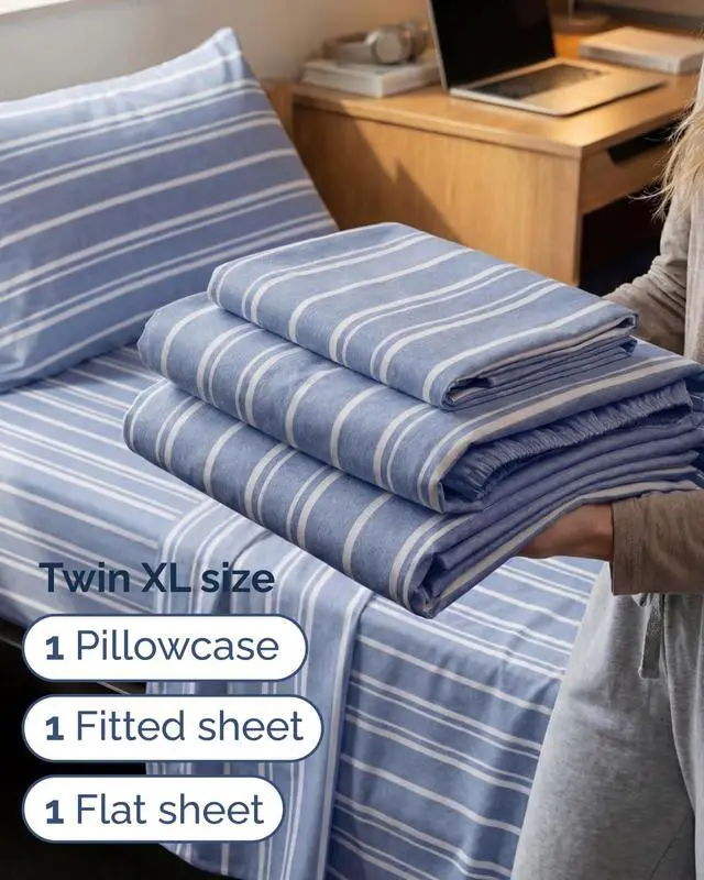 Alt view image 3 of 7 - Twin XL Size 3 Piece Sheet Set - Comfy Breathable & Cooling Sheets - Hotel Luxury Bed Sheets for Women & Men - Deep Pockets, Easy-Fit, Soft & Wrinkle Free Sheets - Blue Stripes Oeko-Tex Bed Sheet Set