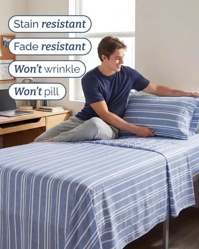 Alt view image 5 of 7 - Twin XL Size 3 Piece Sheet Set - Comfy Breathable & Cooling Sheets - Hotel Luxury Bed Sheets for Women & Men - Deep Pockets, Easy-Fit, Soft & Wrinkle Free Sheets - Blue Stripes Oeko-Tex Bed Sheet Set